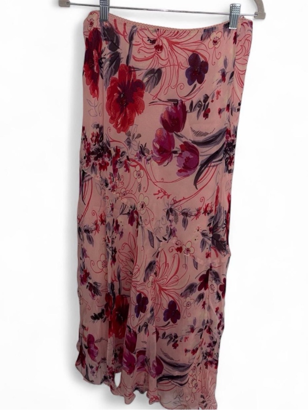 Lola P Vintage Pink Maxi Skirt with Red & Purple Floral Print
